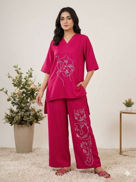 Ethereal Pink Roman Silk Embroidered Co Ord Set for Women at Wholesale Rate 