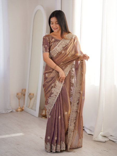 Ethereal Purple Fendy Crush Saree with Zari Embroidery and Matching Blouse Sarees 