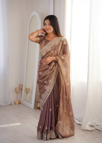 Ethereal Purple Fendy Crush Saree with Zari Embroidery and Matching Blouse Embroidery Sarees Wholesale