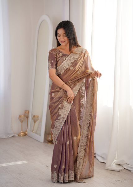 Ethereal Purple Fendy Crush Saree with Zari Embroidery and Matching Blouse Embroidery Sarees Wholesale