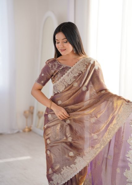 Ethereal Purple Fendy Crush Saree with Zari Embroidery and Matching Blouse Embroidery Sarees Wholesale