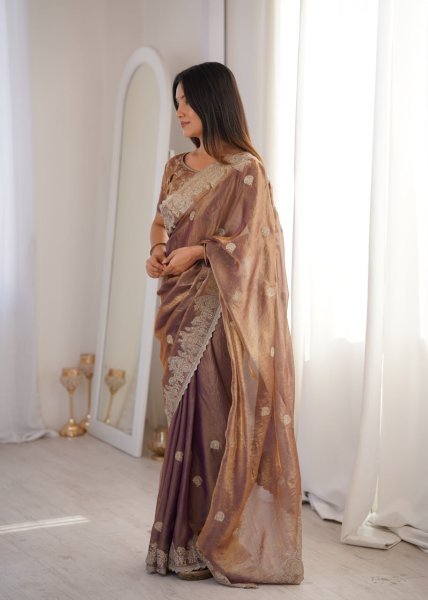 Ethereal Purple Fendy Crush Saree with Zari Embroidery and Matching Blouse Embroidery Sarees Wholesale