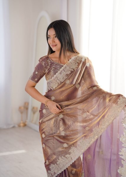 Ethereal Purple Fendy Crush Saree with Zari Embroidery and Matching Blouse Embroidery Sarees Wholesale