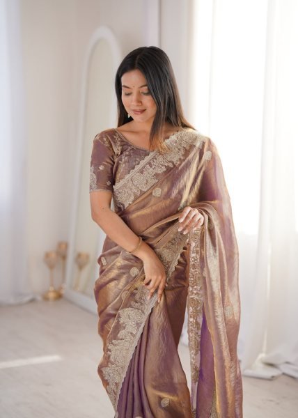 Ethereal Purple Fendy Crush Saree with Zari Embroidery and Matching Blouse Embroidery Sarees Wholesale