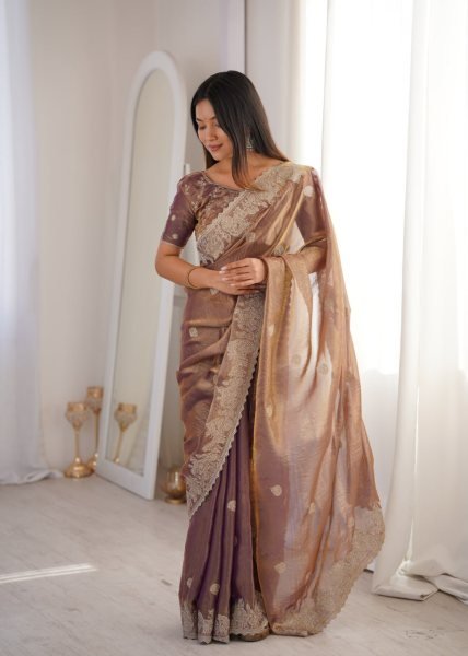 Ethereal Purple Fendy Crush Saree with Zari Embroidery and Matching Blouse Embroidery Sarees Wholesale
