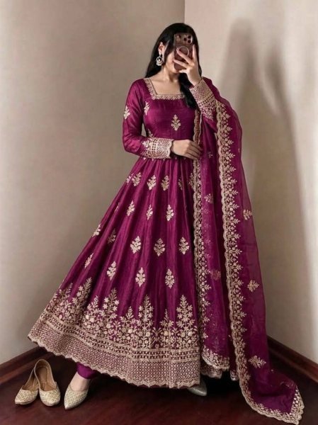 Ethereal Purple Fendy Silk Anarkali Gown with Heavy Sequin Work for Wedding Ready To Wear Collection