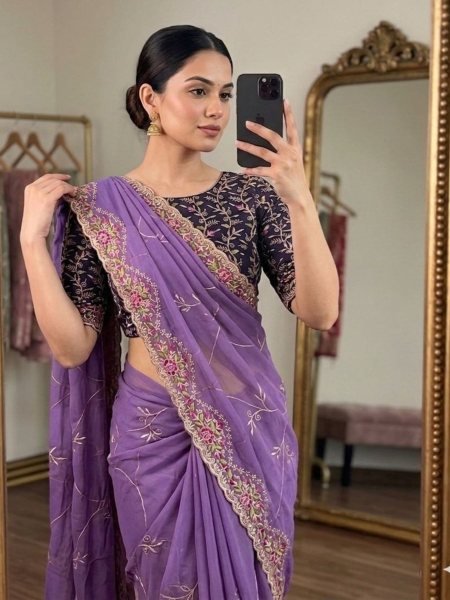 Ethereal Purple Multi Embroidery Saree with Contrast Blouse for Special Occasions Sarees 