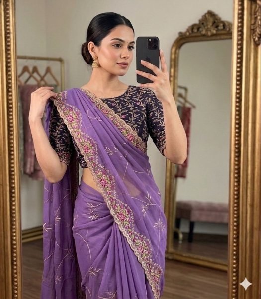 Ethereal Purple Multi Embroidery Saree with Contrast Blouse for Special Occasions Embroidery Sarees Wholesale