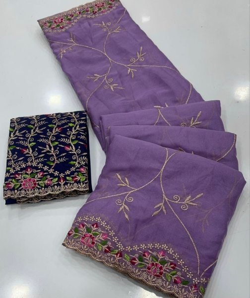 Ethereal Purple Multi Embroidery Saree with Contrast Blouse for Special Occasions Embroidery Sarees Wholesale