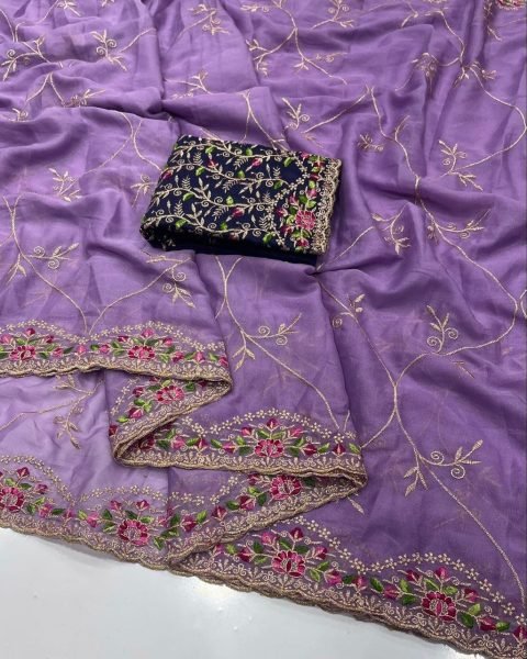 Ethereal Purple Multi Embroidery Saree with Contrast Blouse for Special Occasions Embroidery Sarees Wholesale