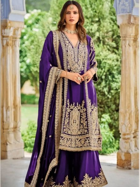 Ethereal Purple Party Wear Heavy Chinon Palazzo Suit with Embroidered Top and Dupatta Designer Plazzo Salwar Suits Wholesale