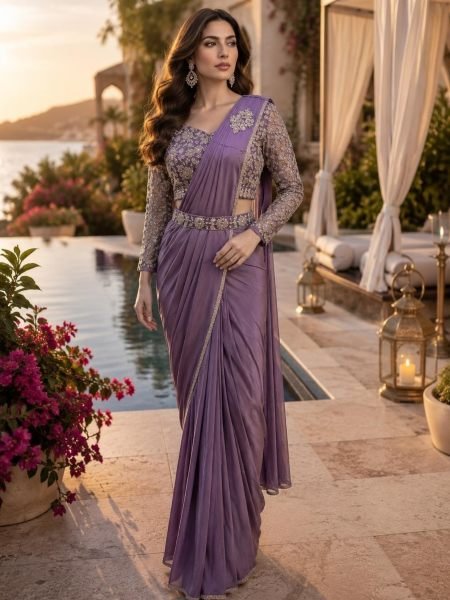 Ethereal Purple Ready to Wear Imported Lycra Saree Collection for Women 