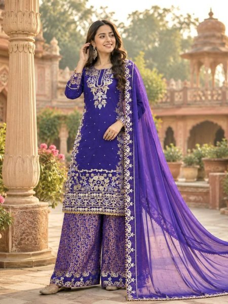 Ethereal Purple Roman Cotton Kurti Palazzo Set with Organza Dupatta With Sequence Work 