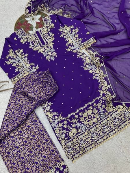 Ethereal Purple Roman Cotton Kurti Palazzo Set with Organza Dupatta With Sequence Work Ready To Wear Collection
