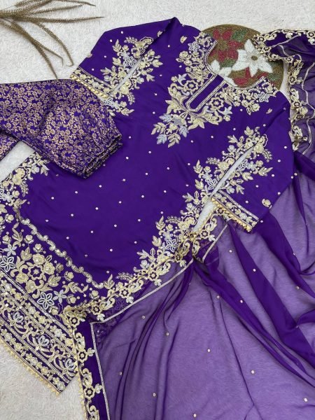 Ethereal Purple Roman Cotton Kurti Palazzo Set with Organza Dupatta With Sequence Work Ready To Wear Collection