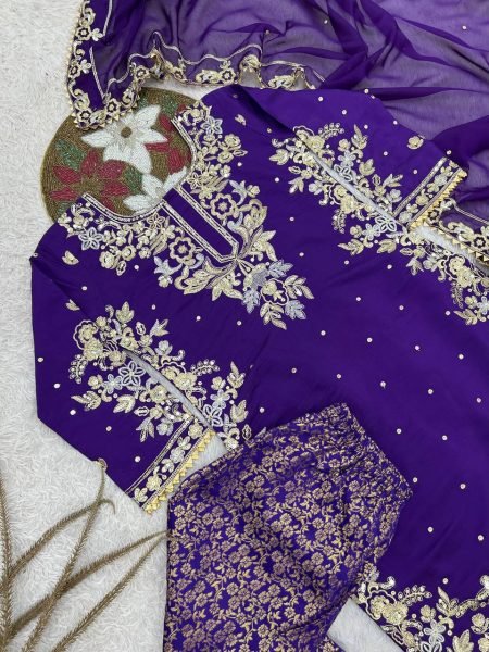 Ethereal Purple Roman Cotton Kurti Palazzo Set with Organza Dupatta With Sequence Work Ready To Wear Collection