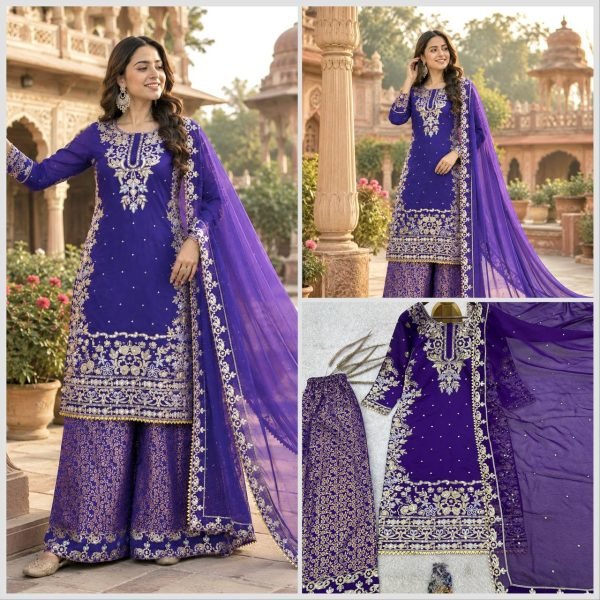 Ethereal Purple Roman Cotton Kurti Palazzo Set with Organza Dupatta With Sequence Work Ready To Wear Collection