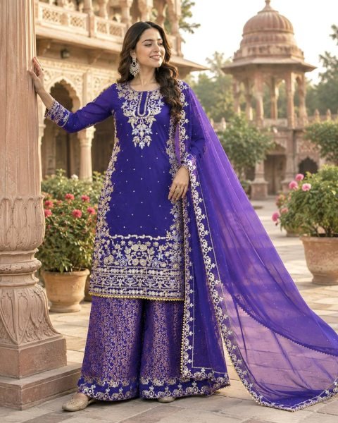Ethereal Purple Roman Cotton Kurti Palazzo Set with Organza Dupatta With Sequence Work Ready To Wear Collection