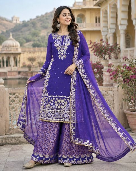 Ethereal Purple Roman Cotton Kurti Palazzo Set with Organza Dupatta With Sequence Work Ready To Wear Collection