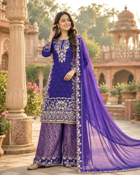 Ethereal Purple Roman Cotton Kurti Palazzo Set with Organza Dupatta With Sequence Work Ready To Wear Collection