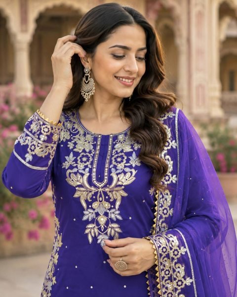 Ethereal Purple Roman Cotton Kurti Palazzo Set with Organza Dupatta With Sequence Work Ready To Wear Collection