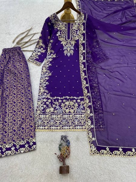 Ethereal Purple Roman Cotton Kurti Palazzo Set with Organza Dupatta With Sequence Work Ready To Wear Collection
