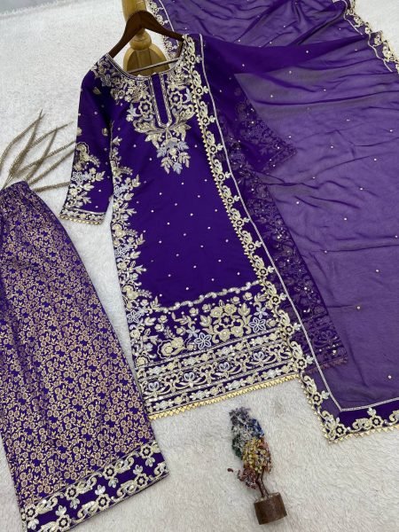 Ethereal Purple Roman Cotton Kurti Palazzo Set with Organza Dupatta With Sequence Work Ready To Wear Collection