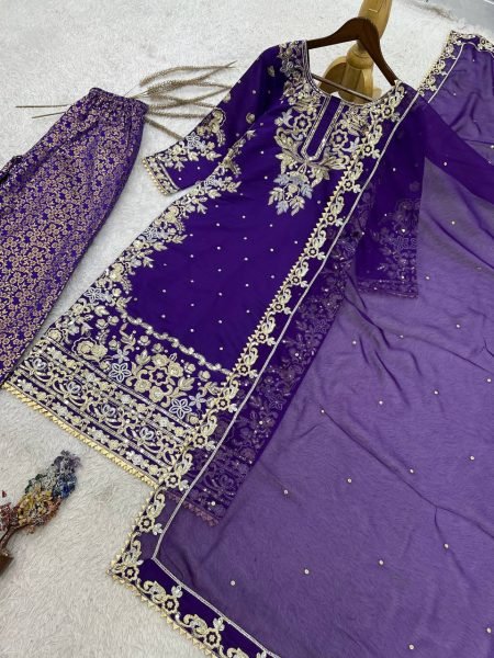 Ethereal Purple Roman Cotton Kurti Palazzo Set with Organza Dupatta With Sequence Work Ready To Wear Collection