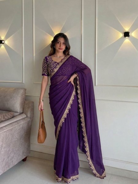 Ethereal Purple Soft Rangoli Silk Saree with Embroidery Lace Border for Wedding Wear Sarees 
