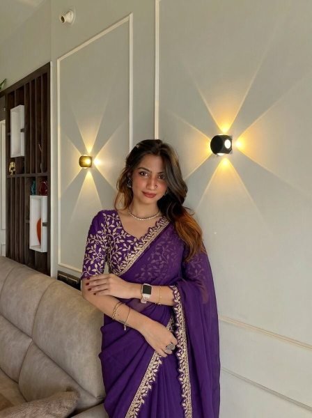 Ethereal Purple Soft Rangoli Silk Saree with Embroidery Lace Border for Wedding Wear Embroidery Sarees Wholesale