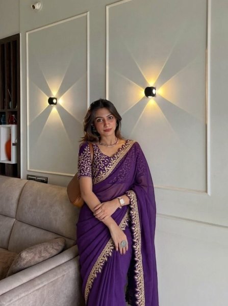 Ethereal Purple Soft Rangoli Silk Saree with Embroidery Lace Border for Wedding Wear Embroidery Sarees Wholesale