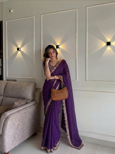 Ethereal Purple Soft Rangoli Silk Saree with Embroidery Lace Border for Wedding Wear Embroidery Sarees Wholesale