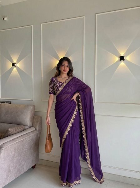 Ethereal Purple Soft Rangoli Silk Saree with Embroidery Lace Border for Wedding Wear Embroidery Sarees Wholesale