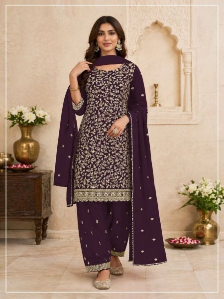 Ethereal Purple Women's Blooming Georgette Suit Fabric with Heavy Embroidery 