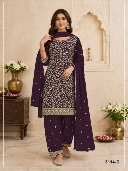 Ethereal Purple Women's Blooming Georgette Suit Fabric with Heavy Embroidery Churidar Salwar Suits Wholesale