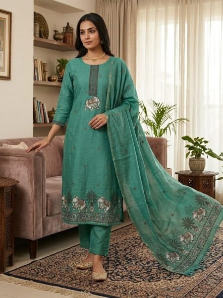 Ethereal Rama Indian Ethnic 3 Piece Suit Material with Jamdani Pichwai Weaving Dress Material 