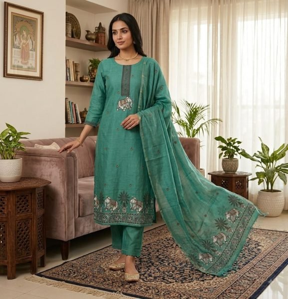 Ethereal Rama Indian Ethnic 3 Piece Suit Material with Jamdani Pichwai Weaving Color Set Matching Dress Material Wholesale