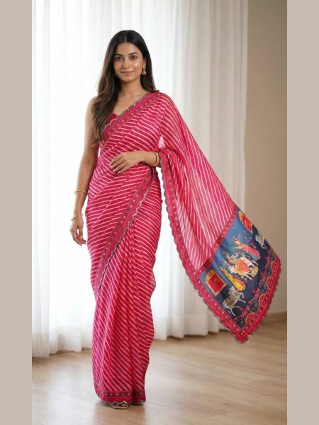 Ethereal Red And White Striped Leheriya Printed Georgette saree whit decorative pallu.  Sarees 
