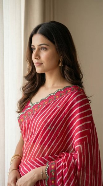 Ethereal Red And White Striped Leheriya Printed Georgette saree whit decorative pallu.  Silk Sarees Wholesale