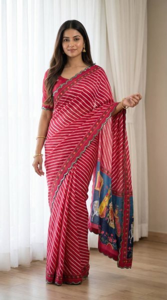 Ethereal Red And White Striped Leheriya Printed Georgette saree whit decorative pallu.  Silk Sarees Wholesale