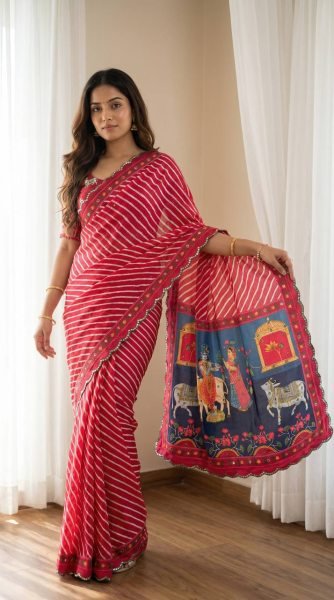 Ethereal Red And White Striped Leheriya Printed Georgette saree whit decorative pallu.  Silk Sarees Wholesale