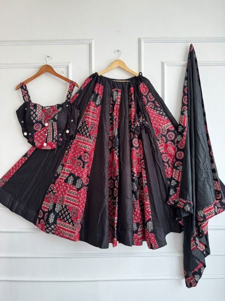 Ethereal Red Black Designer Ajrakh Cotton Lehenga with Khadi Cotton Slub Fabric  Lehenga