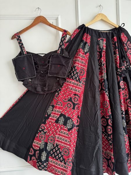 Ethereal Red Black Designer Ajrakh Cotton Lehenga with Khadi Cotton Slub Fabric Navratri Lehnega Choli