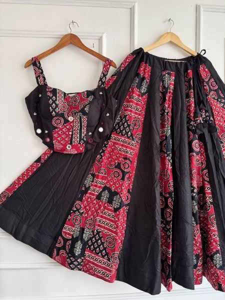 Ethereal Red Black Designer Ajrakh Cotton Lehenga with Khadi Cotton Slub Fabric Navratri Lehnega Choli