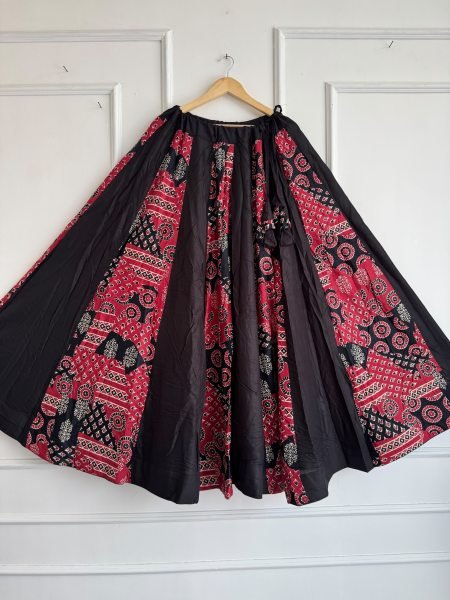 Ethereal Red Black Designer Ajrakh Cotton Lehenga with Khadi Cotton Slub Fabric Navratri Lehnega Choli