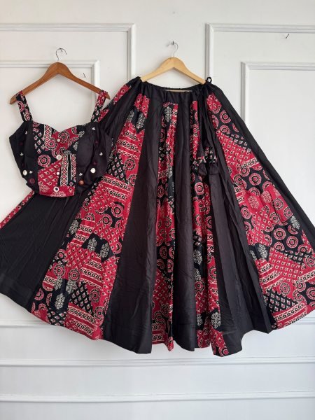 Ethereal Red Black Designer Ajrakh Cotton Lehenga with Khadi Cotton Slub Fabric Navratri Lehnega Choli