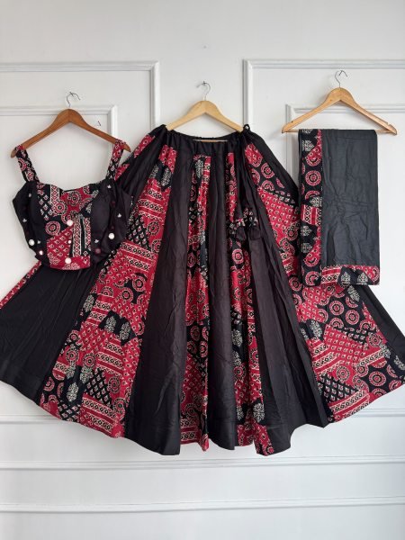 Ethereal Red Black Designer Ajrakh Cotton Lehenga with Khadi Cotton Slub Fabric Navratri Lehnega Choli