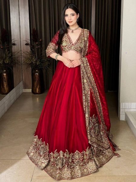 Ethereal Red Chinon Wedding Lehenga Choli with Digital Printed Embroidered Dupatta  Lehenga