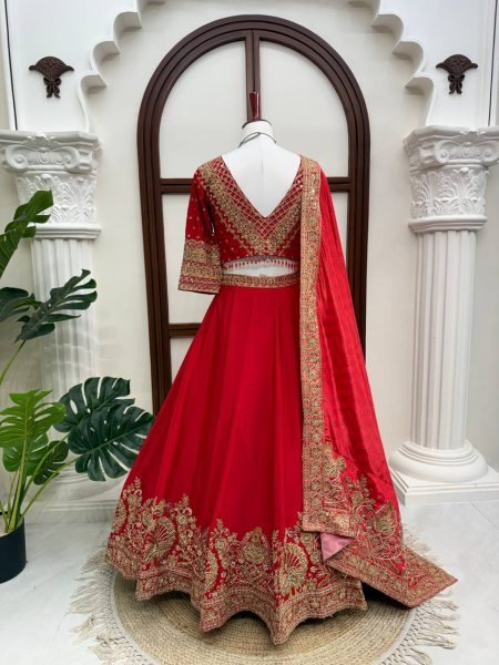 Ethereal Red Chinon Wedding Lehenga Choli with Digital Printed Embroidered Dupatta Designer Lehenga Choli