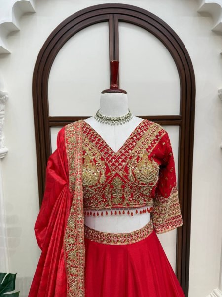 Ethereal Red Chinon Wedding Lehenga Choli with Digital Printed Embroidered Dupatta Designer Lehenga Choli